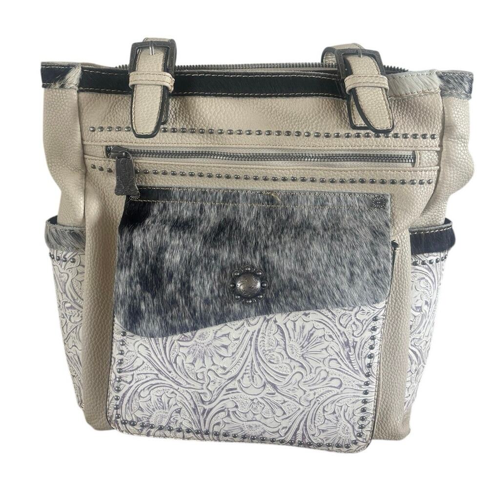 Trinity Ranch Western Tote Bag Cowhide Tooled Floral Studded Cowgirl Purse